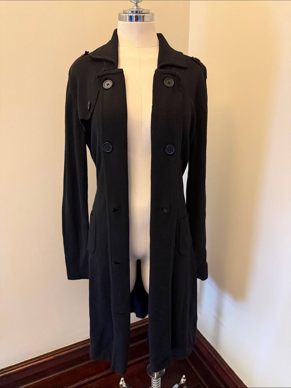 CAbi Black Double-Breasted Long Trench Coat